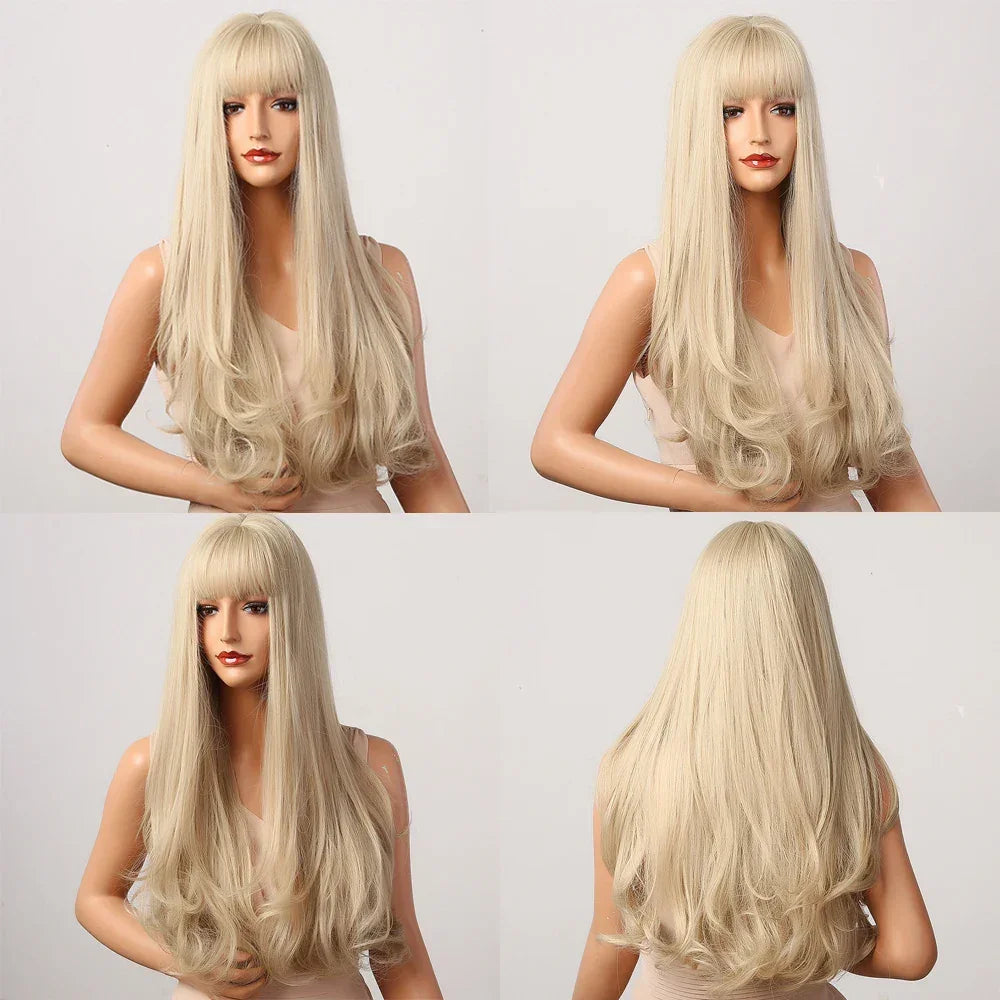 Long Natural Wavy Platinum Blonde Wigs