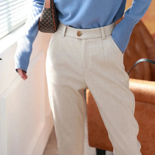 Woolen High Waisted Casual Suit Pants