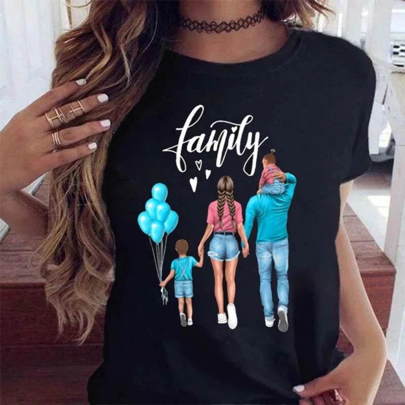 Cartoon Mom Mother Boy Girl Print Mother Lady T-shirts