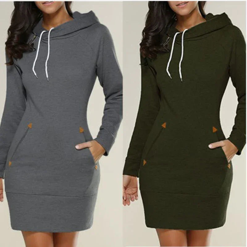 Knee-Length Pockets Warm Sweat Shirt Long Sleeve Dress