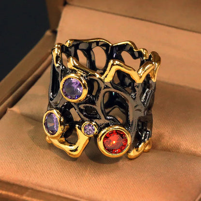 High quality Black gold-plated color stone hollow colorful separation ring