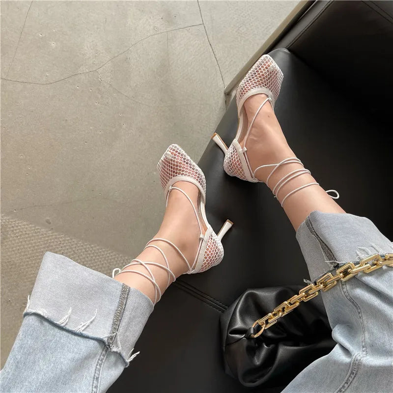 Mesh Square Toe Stiletto High Heels Pumps Ankle Lace-Up Elegant Shoes