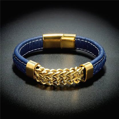 Vintage Leather Gold Stainless Steel Chain Bracelets