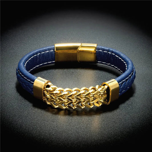 Vintage Leather Gold Stainless Steel Chain Bracelets