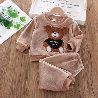 Winter Flannel Fleece Cartoon Bear Sleepwear Pajamas Set