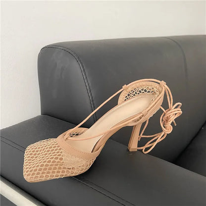 Mesh Square Toe Stiletto High Heels Pumps Ankle Lace-Up Elegant Shoes