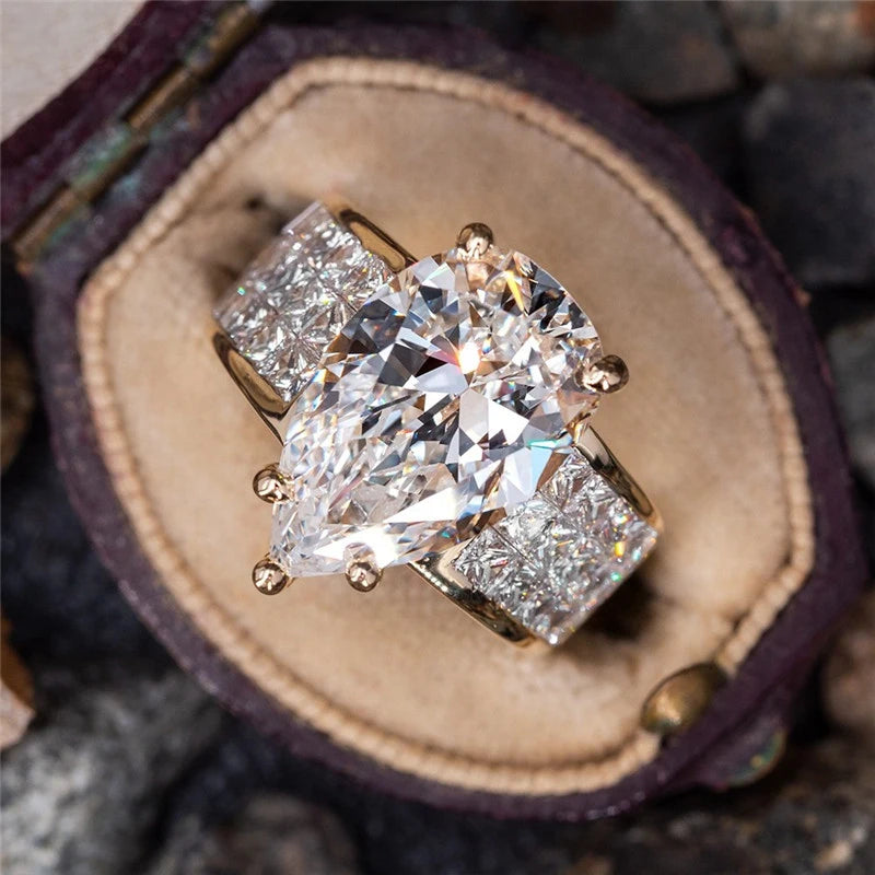 Luxury Gold Water Drop CZ Brilliant White Cubic Zirconia Rings