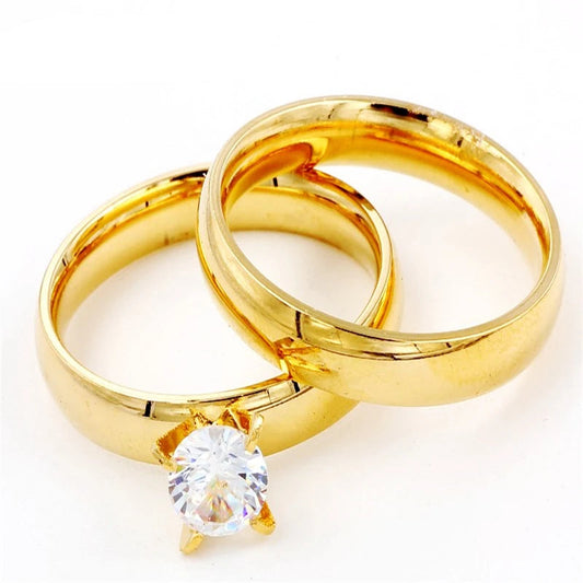 Zircon 4MM Charm Stainless Steel Gold Couple Rings Set