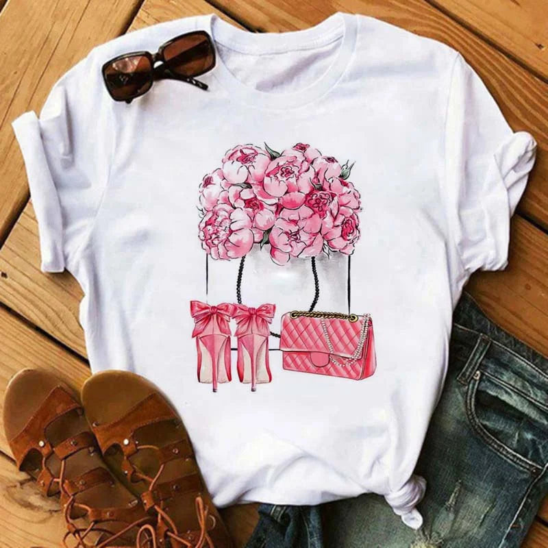 Maycaur Pink High Heels Flowers Bag Print T Shirt