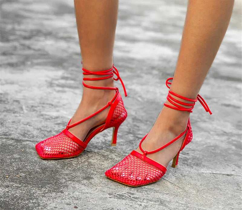 Mesh Square Toe Stiletto High Heels Pumps Ankle Lace-Up Elegant Shoes