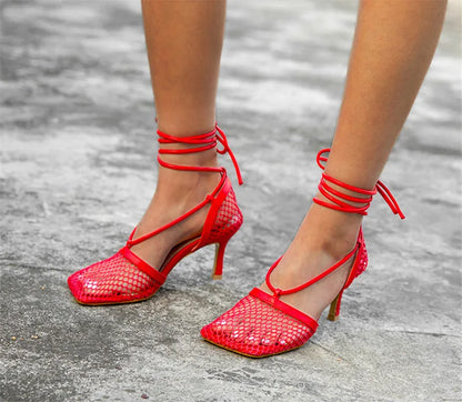 Mesh Square Toe Stiletto High Heels Pumps Ankle Lace-Up Elegant Shoes
