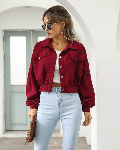 Cropped Corduroy Overcoat Single Breasted Lantern Sleeve Coats Jacket