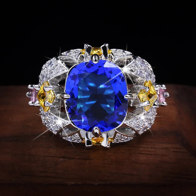 Luxury Big Sapphire 925 Sterling Silver Flower Rings