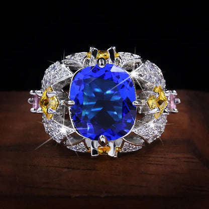 Luxury Big Sapphire 925 Sterling Silver Flower Rings
