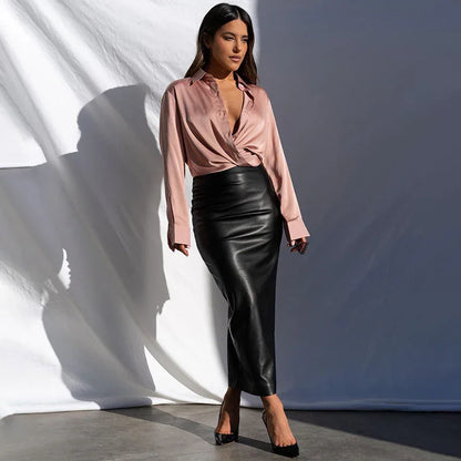 Sexy High Waist Slit Leather Long Skirt