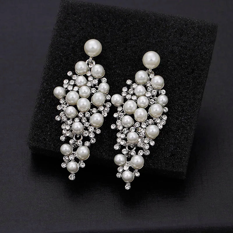 Gold Bridal Drop Simulated Pearl Crystal Statement Earrings
