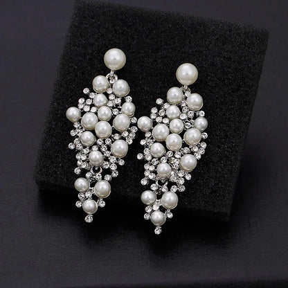Gold Bridal Drop Simulated Pearl Crystal Statement Earrings