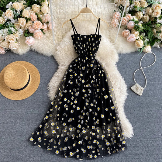 Korean Daisy Flower Print Mesh Dress