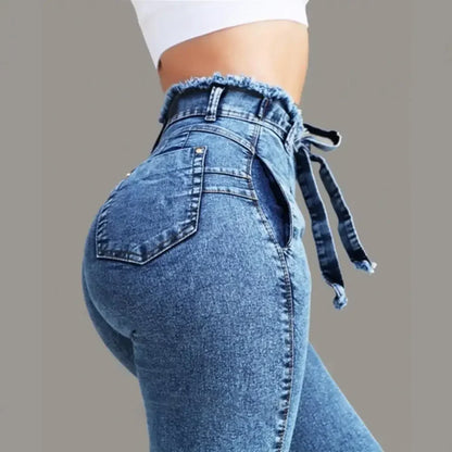 Belted High Waist Skinny Jeans Pants