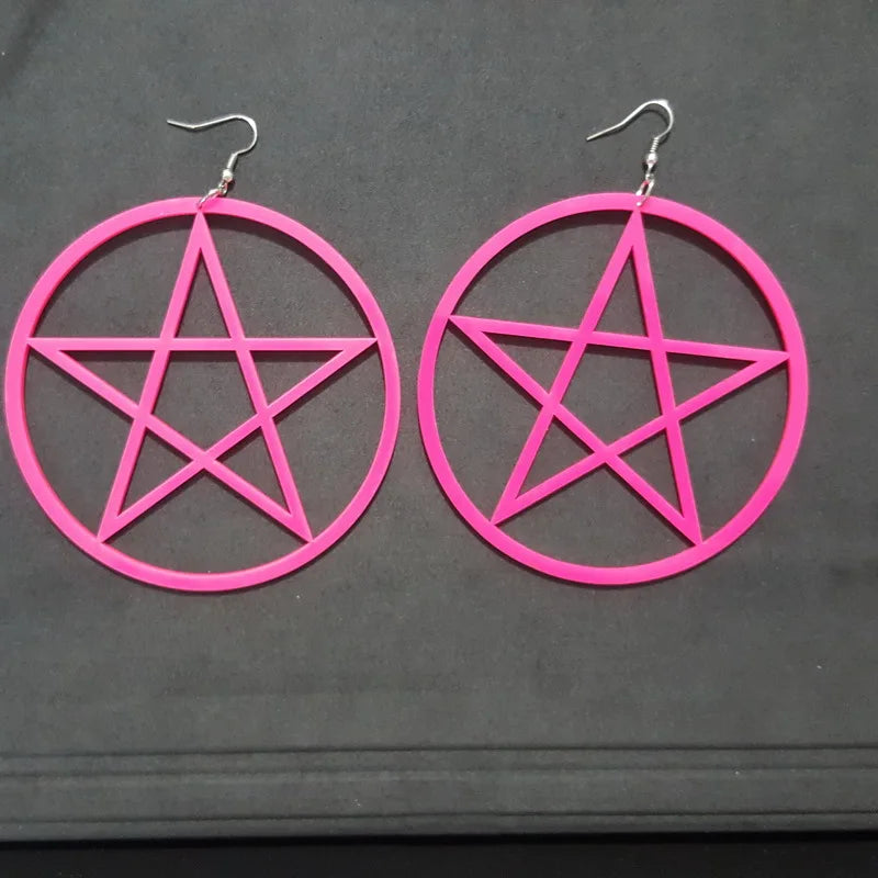Acrylic Big Round Pentagram Drop Pink Circle Star Dangle Earrings