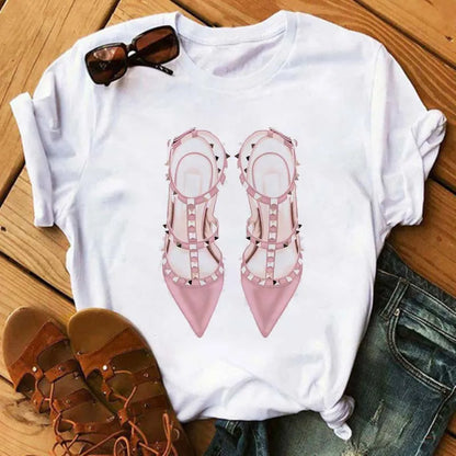 Maycaur Pink High Heels Flowers Bag Print T Shirt