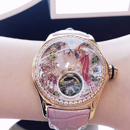 Luxury Diamond Automatic Tourbillon Leather Strap Watch