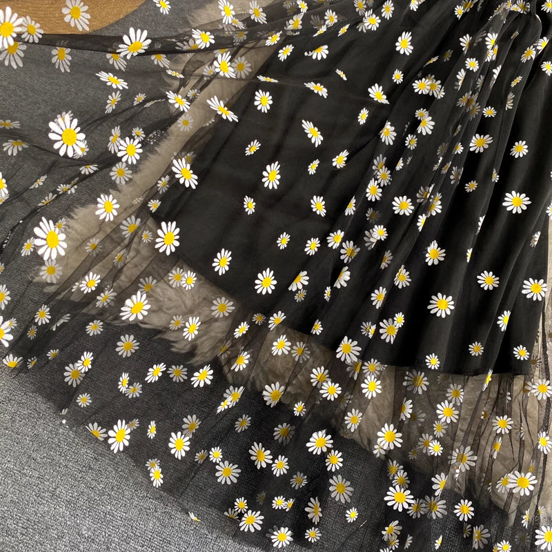 Korean Daisy Flower Print Mesh Dress
