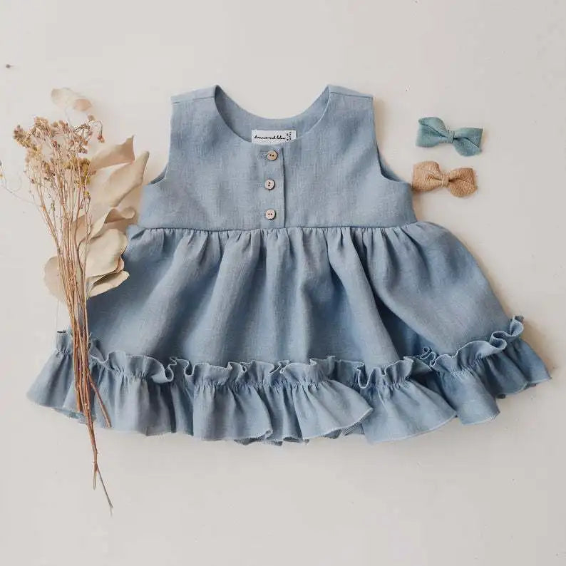 Cotton Linen Baby Girls Summer 3 Layers Cake Tutu Dress