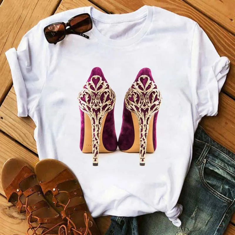 Maycaur Pink High Heels Flowers Bag Print T Shirt