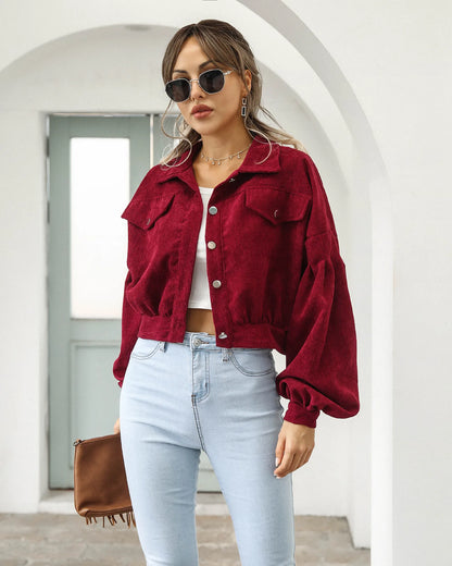 Cropped Corduroy Overcoat Single Breasted Lantern Sleeve Coats Jacket