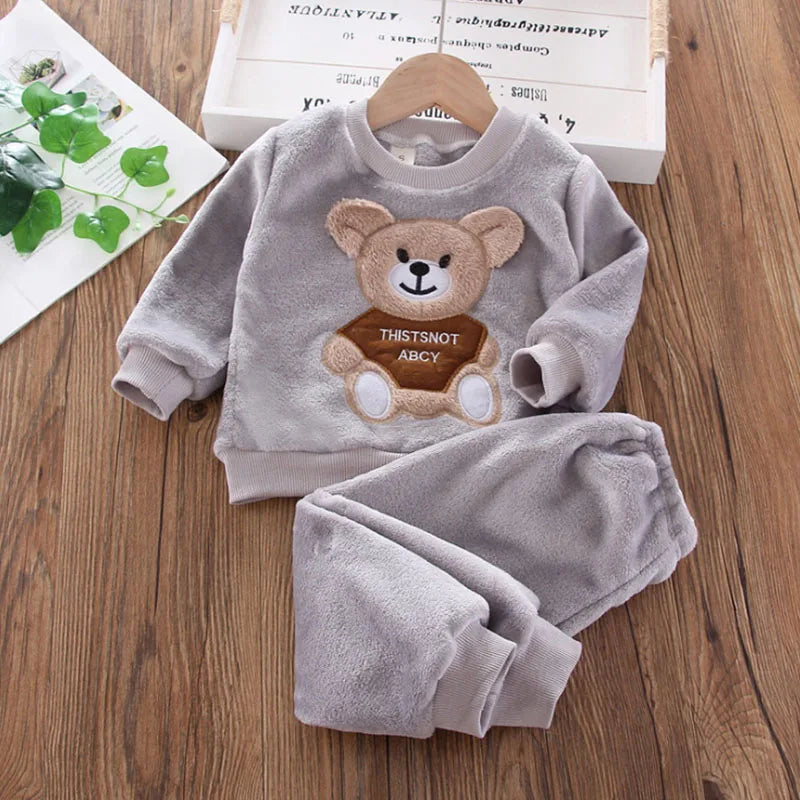 Winter Flannel Fleece Cartoon Bear Sleepwear Pajamas Set