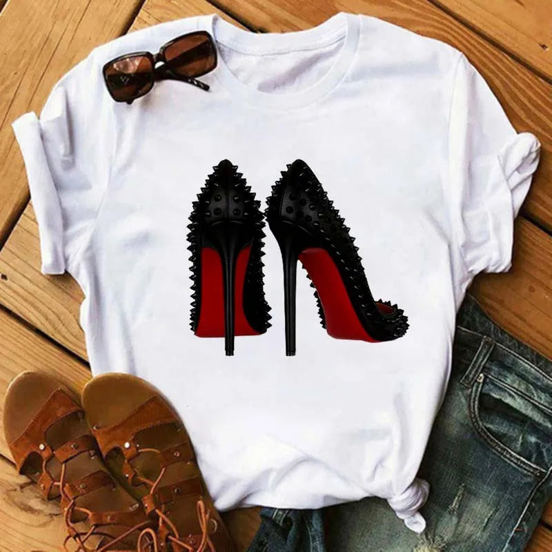 Maycaur Pink High Heels Flowers Bag Print T Shirt