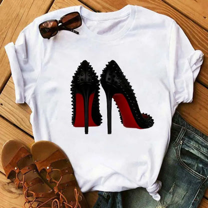 Maycaur Pink High Heels Flowers Bag Print T Shirt