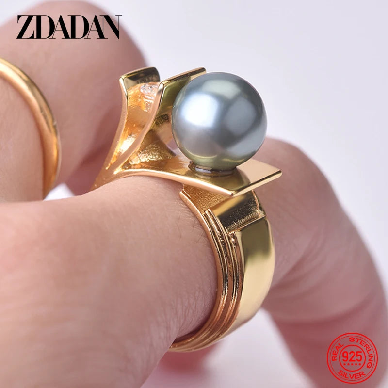925 Sterling Silver Pearl 18k Gold Charm Finger Rings