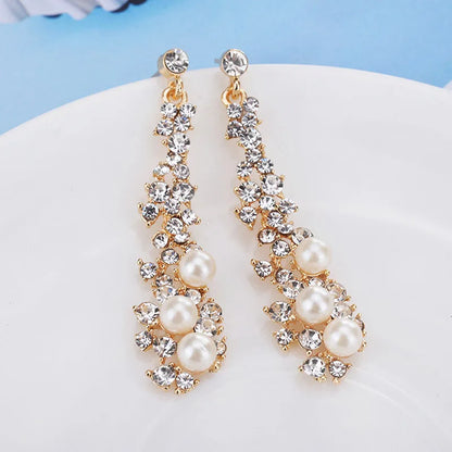 Gold Bridal Drop Simulated Pearl Crystal Statement Earrings