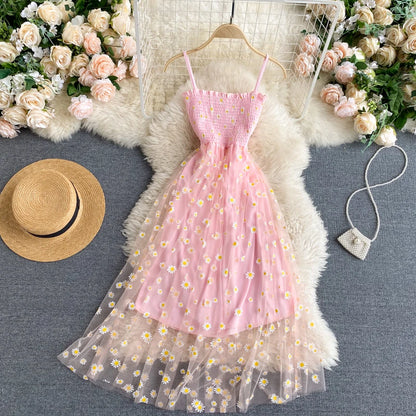 Korean Daisy Flower Print Mesh Dress
