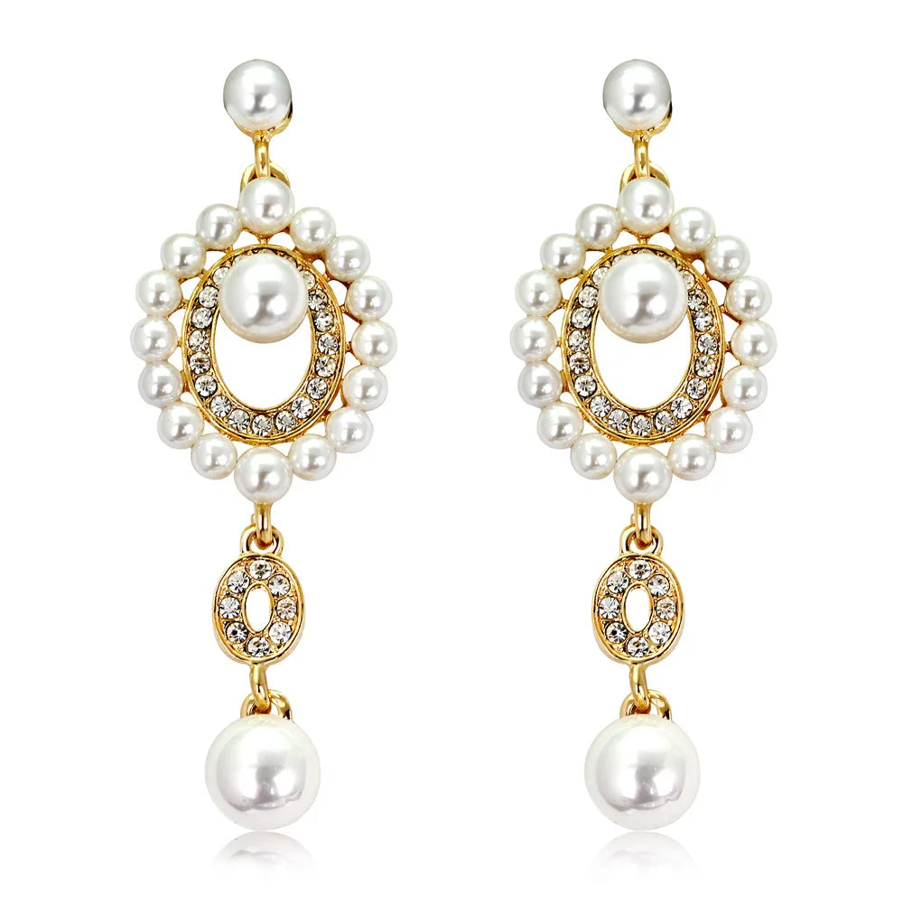 Gold Bridal Drop Simulated Pearl Crystal Statement Earrings