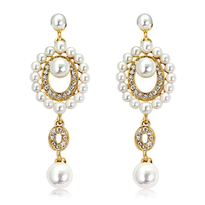 Gold Bridal Drop Simulated Pearl Crystal Statement Earrings