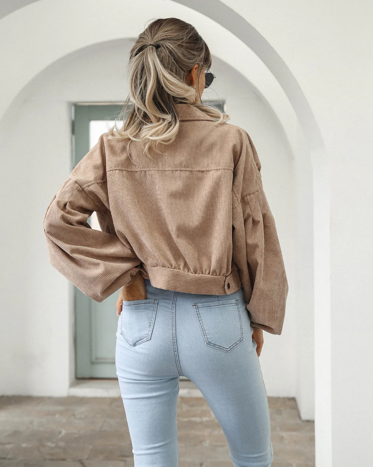 Cropped Corduroy Overcoat Single Breasted Lantern Sleeve Coats Jacket