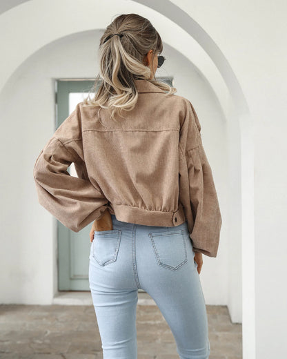 Cropped Corduroy Overcoat Single Breasted Lantern Sleeve Coats Jacket