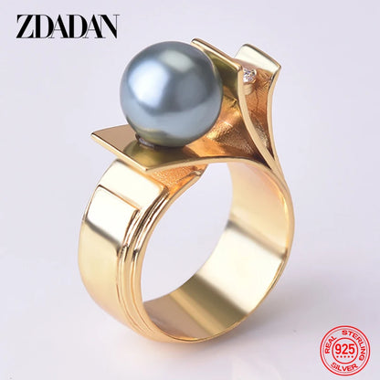 925 Sterling Silver Pearl 18k Gold Charm Finger Rings