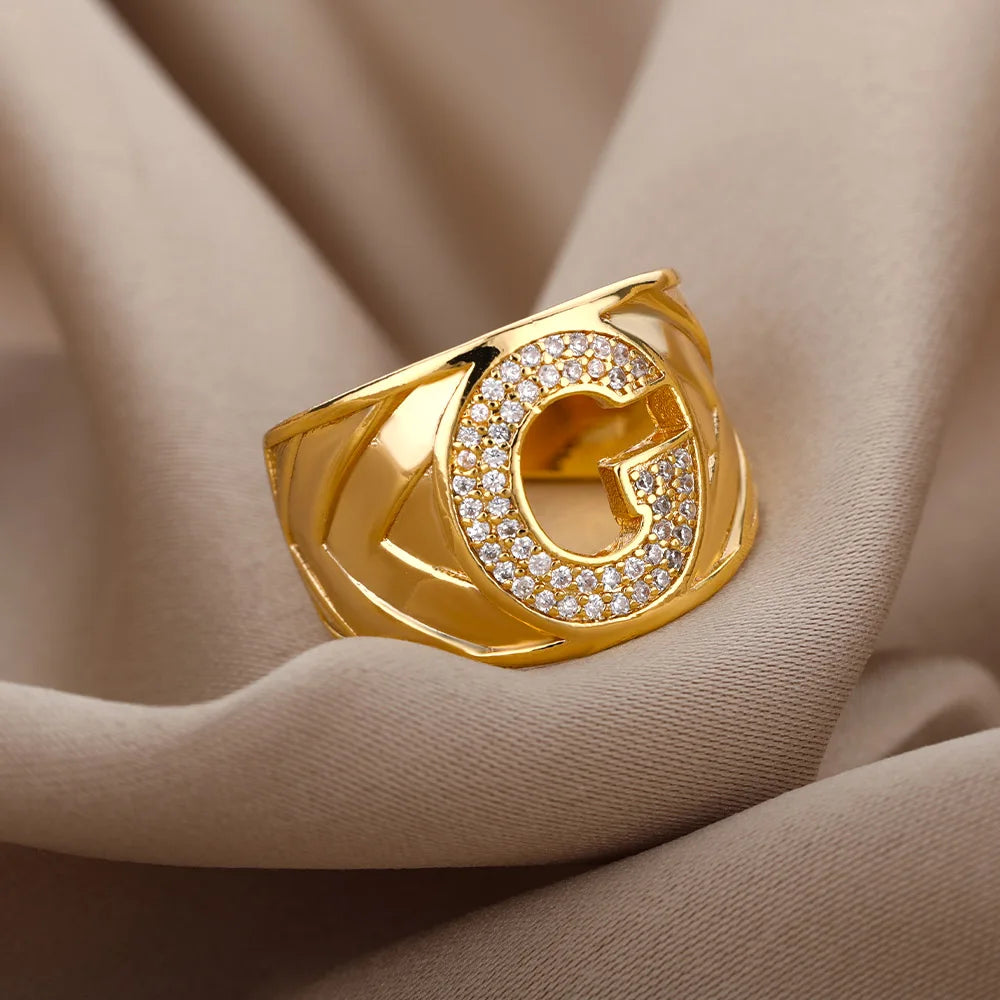 Chunky Wide Zircon Initial Letter Rings
