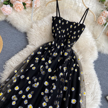 Korean Daisy Flower Print Mesh Dress