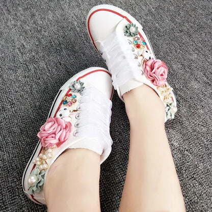 Korean Fantasy Flowers Rhinestone Canvas Shoes