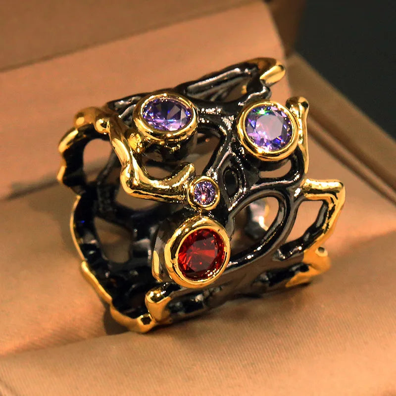 High quality Black gold-plated color stone hollow colorful separation ring