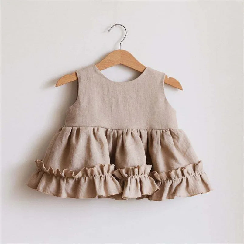 Cotton Linen Baby Girls Summer 3 Layers Cake Tutu Dress