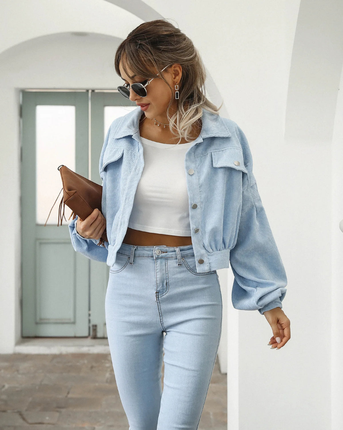 Cropped Corduroy Overcoat Single Breasted Lantern Sleeve Coats Jacket