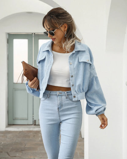 Cropped Corduroy Overcoat Single Breasted Lantern Sleeve Coats Jacket