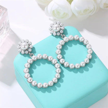 Gold Bridal Drop Simulated Pearl Crystal Statement Earrings