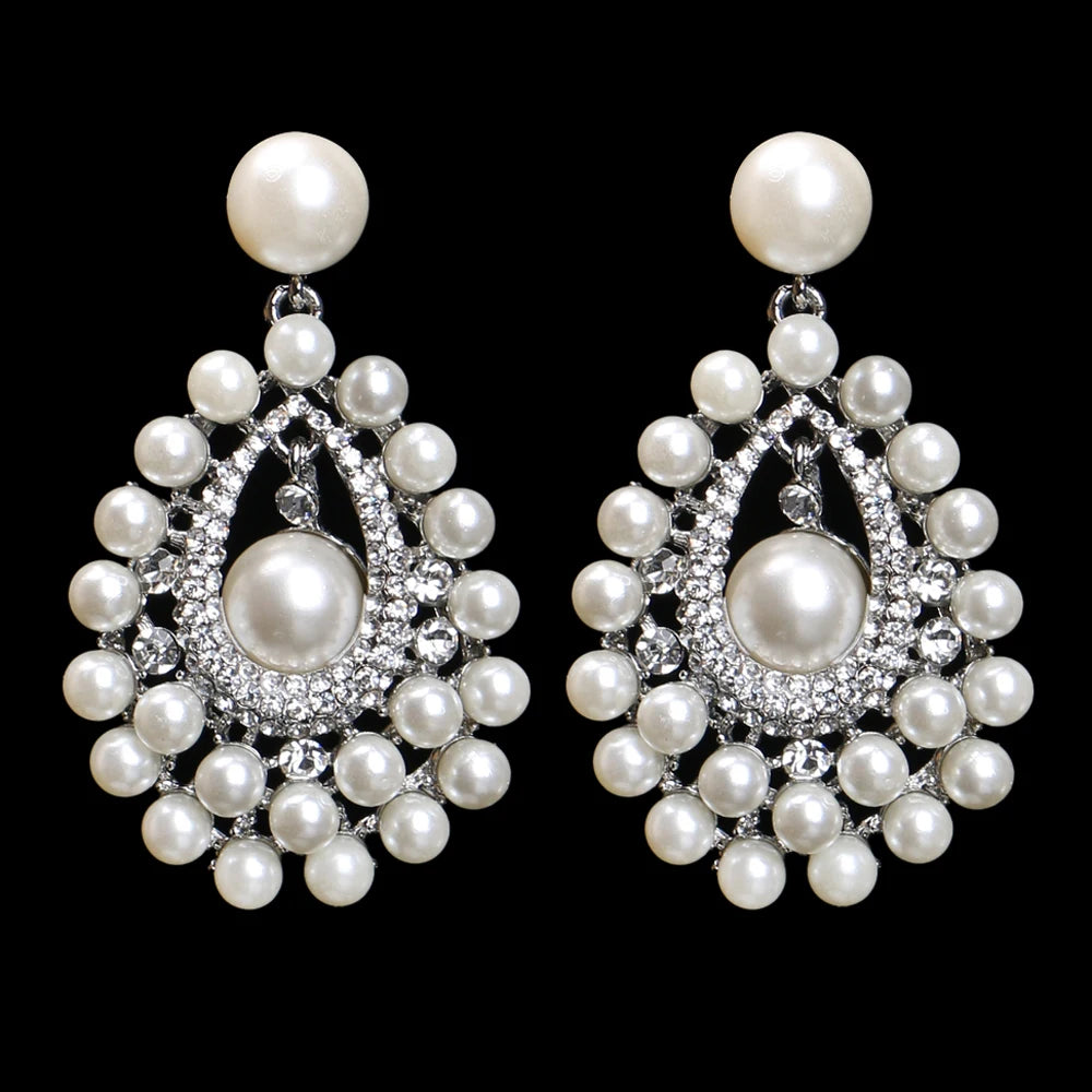 Gold Bridal Drop Simulated Pearl Crystal Statement Earrings